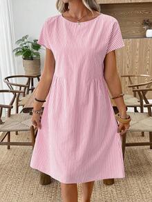 EMERY ROSE 女装夏季休闲条纹圆领连衣裙粉色条纹夏装短袖夏装夏季休闲连衣裙女度假连衣裙纯棉夏装 - 粉色 - 查看 3