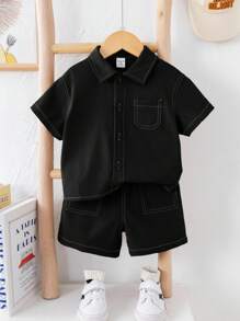 SHEIN 2 件套男婴可爱夏季街头风格纯黑色宽松短袖衬衫和松紧腰短裤套装，适合生日派对、晚会、表演、婚礼、迎婴派对、1 岁生日庆祝 - 黑色 - 查看 5