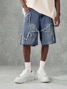 SUMWON Distressed Denim Shorts Men Ripped Raw Edge Summer Casual Knee Length Bermuda Shorts Streetwear Frayed Classic Beach Festival - Blue - View 2