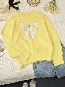 Comfortcana 大码女式休闲可爱蝴蝶结刺绣仿珍珠水晶装饰套头衫，秋季 - 黃色 - 查看 5