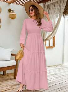 SHEIN Cottnline LANTERN LONG SLEEVE LAYERED LONG DRESS - Berwarna merah muda - View 5