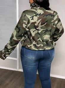 SHEIN CURVE+ Curves 大码/学校服装/返校服装/返校女士大码迷彩印花抽绳下摆夹克，秋季休闲外套迷彩夹克大码迷彩夹克女式迷彩夹克女式大码迷彩外套女式秋装、冬季、CURVE PLUS - 彩色 - 查看 2