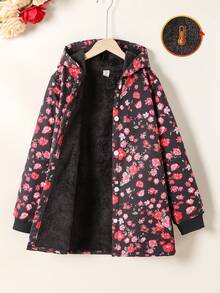 SHEIN Vintaside Kids Chaqueta acolchada con capucha de felpa vintage con estampado floral de longitud media para niña preadolescente, apta para otoño/invierno, vacaciones, verano y viajes - Negro - Ver 3
