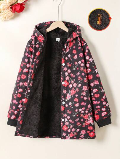 SHEIN Vintaside Kids Áo khoác ấm dài vừa có mũ trùm đầu bằng vải nhung dày họa tiết hoa cổ điển dành cho bé gái tuổi teen, mùa thu/đông, ngày lễ, mùa hè, du lịch