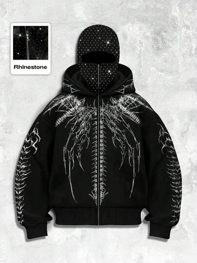 Anime Sudadera con capucha con cremallera de estilo oscuro y fresco, chaqueta para hombres con adorno de rhinestones