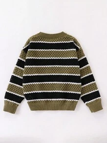 SHEIN Explorewe Suéter de cuello redondo con rayas gruesas para niños preadolescentes, verde militar, negro y blanco, adecuado para uso al aire libre, casual y en el hogar - Verde militar - Ver 9