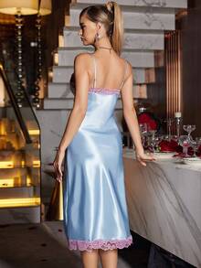 SHEIN Contrast Color Lace Patchwork Slim Fit Backless Camisole Nightgown For Women - Blue - View 2