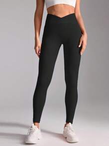 SHEIN Sports Women's Casual Solid Color High Waist Sports Leggings - Black - View 8
