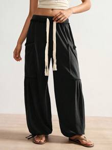 Bohemela Boho Solid Color Knit Loose Casual Pants For Women, Suitable For Independence Day & Vacation Drawstring Pants Oversized Pants Loose Pants