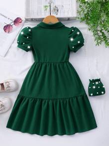 Elladie kids 年轻女孩纯色领泡泡袖开衫夏季可爱连衣裙配迷你包 - 墨綠色 - 查看 3