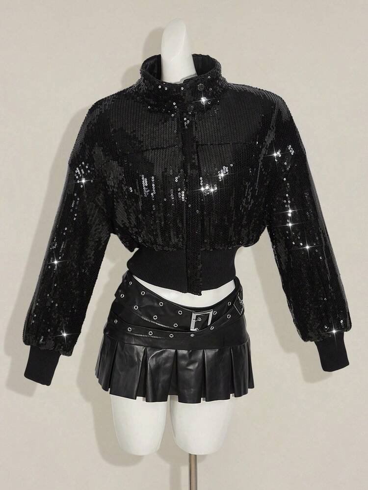 SHEIN ICON Women's Autumn And Winter Warm Hot Girl Y2K Millennial Style Fashion Sexy Modern Urban Street Avant-Garde Party Black Sequin Stand Collar Short Loose Cotton Coat - Black - View 5