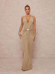 Lumalex Champagne Gold Summer Elegant Dining Women Dress,Halter Neck Deep V Plunge Ruched Crystal Shell Brooch Backless Bodycon Maxi Metallic Party Wedding - Apricot - View 4