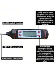 Digital Meat Thermometer For Cooking Food, Kitchen, BBQ, With Probe For Water, Milk, Oil, Liquid, Oven Temperature Measurement, For Large Restaurant Kitchen, Digital Temperature Sensor Instrument