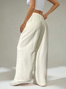 SHEIN PETITE Pantalon décontracté ample et ample à taille basse de couleur unie rose mignon pour l'été, avec lien à la taille, pour porter au quotidien - Blanc - Voir 2