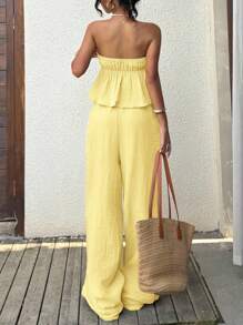 SHEIN EZwear Yellow Boho Two-Piece Outfit With Strapless Bandeau Top And Wide-Leg Pants Butter Yellow Two Piece Set - Yellow - View 2