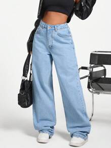EURMUSE Gerade geschnittene Jeans im lässigen Stil mit hoher Taille - Mittele Waschung - Übersicht 5