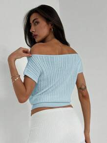 Aloruh 简约优雅露肩纹理针织修身腰女式T恤 - 淺藍色 - 查看 2