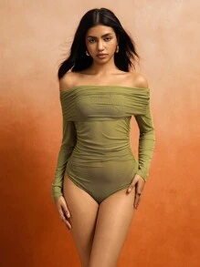 Roylia Green INS Mesh Off Shoulder Fashionable Elegant Sexy Bodysuit - Green - View 4