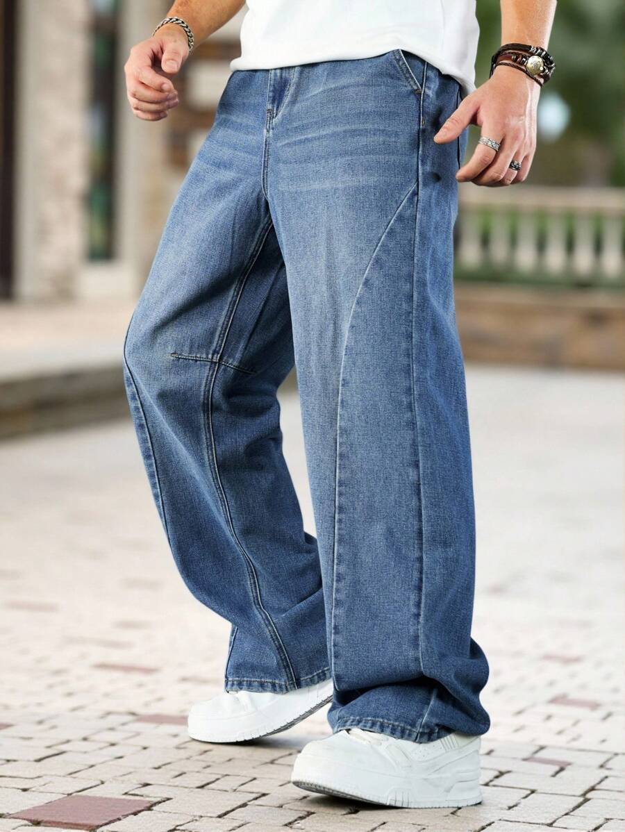 Manfinity Roghcode Quần jeans denim ống rộng rách gối màu xanh nhạt thiết kế vá lỗi cho nam, thường ngày, phù hợp mặc đi chơi - Màu xanh lam - Xem 1