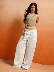 Roylia Women's Off-Shoulder Wrap Crop Top, Fashionable Side Tie Sparkling Fabric Camisole All White - Khaki - View 6