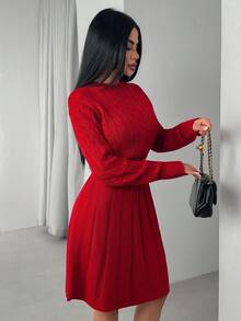 EURMUSE Vestido curto de malha com decote redondo casual, cor sólida, malha plissada, formato A, para o Natal - Vermelho - Ver 5