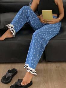 DAZY Pantalones holgados de pijama para mujer con estampado floral de tipo ditsy bordado y dobladillo con volantes, estilo vacacional, otoño - azul real - Ver 3