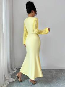Elenzga Women's Pearl Button Decor Pleated Sleeve Cinched Waist Fishtail Hem Elegant Everyday Commute Long Sleeve Yellow Dress Fall Cloth For Women