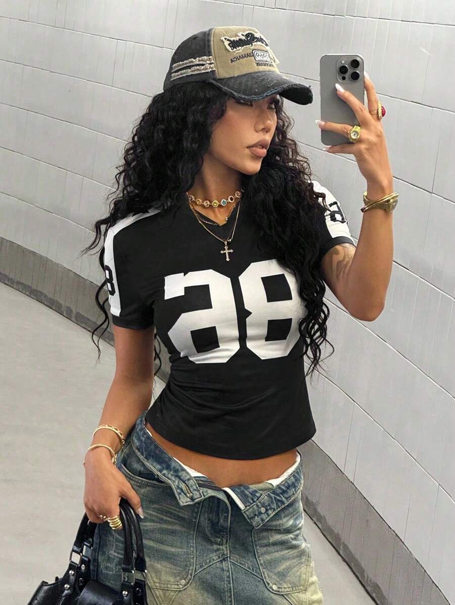 StreetHx Women's Navy Blue Graphic Printed Streetwear T-Shirt, Short Sleeve, Spring/Summer - Black and White - View 1