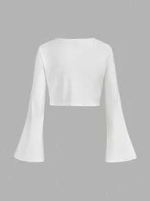 SHEIN MOD 大码女式两件套：喇叭袖前开襟上衣和鱼尾下摆吊带背心连衣裙 - 白色 - 查看 8