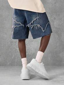 SUMWON Distressed Denim Shorts Men Ripped Raw Edge Summer Casual Knee Length Bermuda Shorts Streetwear Frayed Classic Beach Festival - Blue - View 4