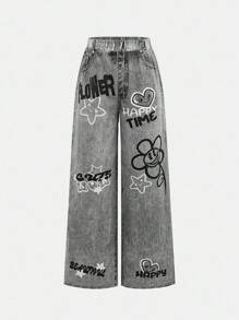 SHEIN Tween Girl 宽松街头时尚牛仔印花裤、编织网眼不对称镂空长袖上衣和吊带背心 3 件套，时尚