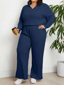 RueChic Conjunto de 2 piezas de top de manga larga y pantalones de unicolor casual en talla grande