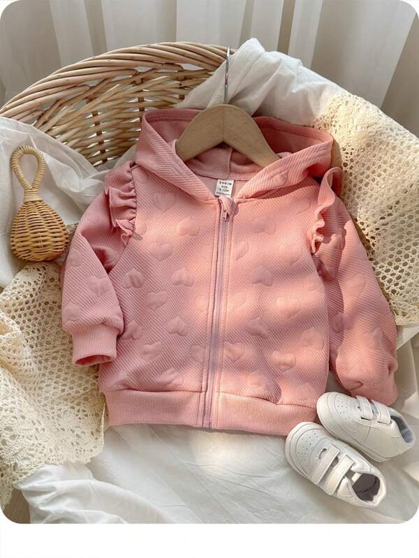 SHEIN Cute Casual Baby Girl Pink Heart Print Zip Up Hoodie Jacket,Versatile Autumn Winter Birthday Clothes,Fall Zipper Outerwear