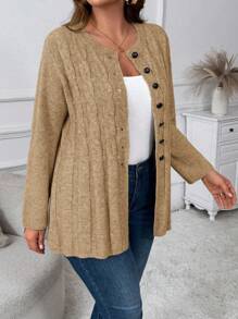 Plus Size Solid Color Round Neck Long Sleeve Single-Breasted Casual Knit Cardigan Winter Fall Autumn - Brown - View 5