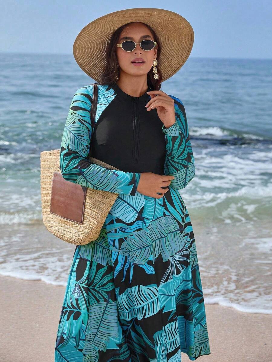 Swim Mulvari 2 件大码女式随机印花拼接长款躯干端庄布基尼泳衣套装