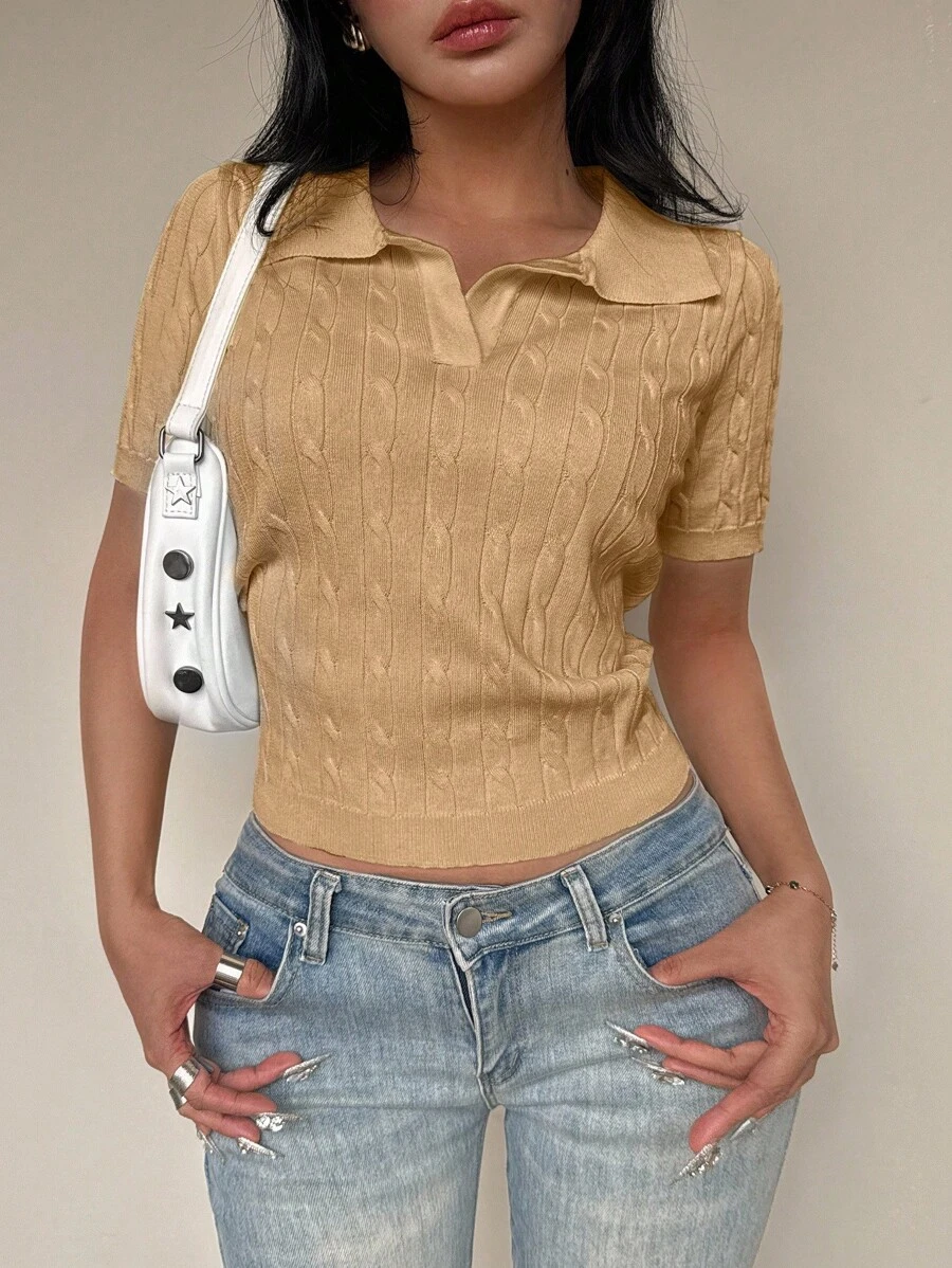 Flirla Twist Rope Polo Collar Yellow Casual Versatile Short Sleeve Knit Top - Khaki - View 1