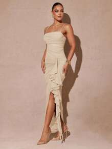 Silquee 优雅的鼠尾草绿色浪漫荷叶边袖高开衩长裙，女士蕾丝紧身派对礼服，适合情人节、约会、婚礼、舞会 - 杏色 - 查看 4