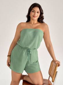 SHEIN LUNE Plus Size Sage Green Summer Casual Beach Holiday Strapless Romper, Solid Sleeveless Cinched Waist Jumpsuit,Tube Top Lounge Romper For Women - Mint Green - View 5