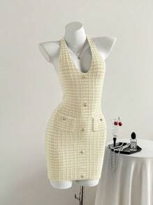 Rafferiza Nouvelle robe courte moulante à col ras-du-cou et dos nu en tricot sexy pour femmes, vêtements d'été en tricot jaune crème pour l'université - Jaune citron - Voir 8
