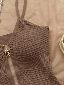 Soleia 金属海星装饰意大利面表带领带镂空合身女式针织连衣裙，适合度假、音乐节、波西米亚、假日、约会、下午茶、海滩 - 棕色 - 查看 6