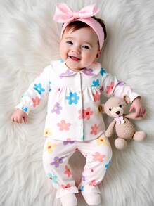 SHEIN 2pcs Baby Girl Casual Floral Print Collared Shirt And Matching Pants Set, Suitable For Spring/Autumn Daily Wear And Outings - Multicolor - View 1