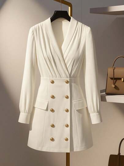 Franclia Women's Solid Color Button Decor Simple Casual Long Sleeve Dress White Blazer Dress White Button Dress Long Sleeve White Dress White Elegant Dress Double Breasted Dress Fall Cloth For Women