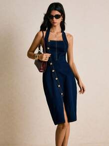 Poéselle 女式纯色前扣开衩挂脖牛仔连衣裙 - 深色水洗藍 - 查看 6