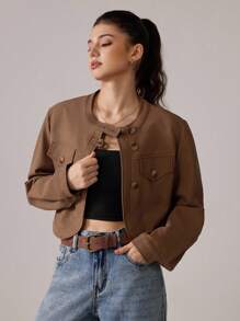 SHEIN MOD 女士拉链短款秋季外套，休闲拉链常规袖立领修身咖啡棕色纯色女式外套，适合秋冬季日常休闲穿着、外出、锐舞派对等场合。 - 黃色 - 查看 4