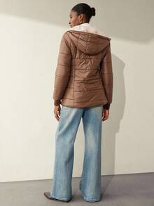 Aveloria Modichic Abrigo acolchado con capucha con cremallera y estampado de cuadros sencillo, ropa de invierno casual y versátil - Café integral - Ver 2