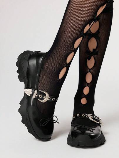 Goth Women's Bowknot Round Toe Chunky Sole Ballet Flats, PU Material Black Metal Buckle Design, Suitable For Sports, Graduation, Photography