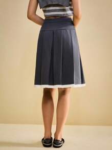 Muvela Váy xếp ly dài vừa phải màu tương phản có túi phong cách học đường cổ điển dành cho nữ, đa năng cho mùa tựu trường vào mùa thu - màu đen - Xem 3