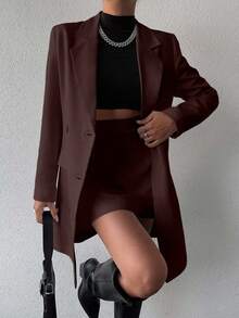 EURMUSE Women's Casual Solid Color Double-Breasted Suit Set - Brown - View 1