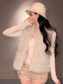 DAZY 女士优雅蓬松背心，秋冬季外套背心女式大衣 - 米色 - 查看 8