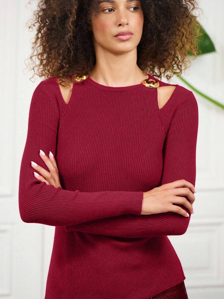 lacRébo Women's Solid Color Cutout Shoulder Metal Decor Fashionable Long Sleeve Sweater Business Casual Outfits Office Outfits Autumn Winter Christmas Outfits - Burgundy - View 1